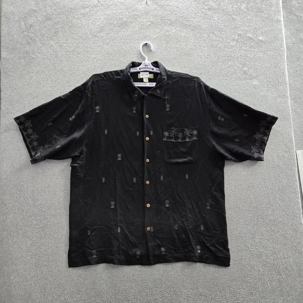 Tommy Bahama Men Button Up Shirt XL Black Silk Embroidered Floral Hawaiian READ